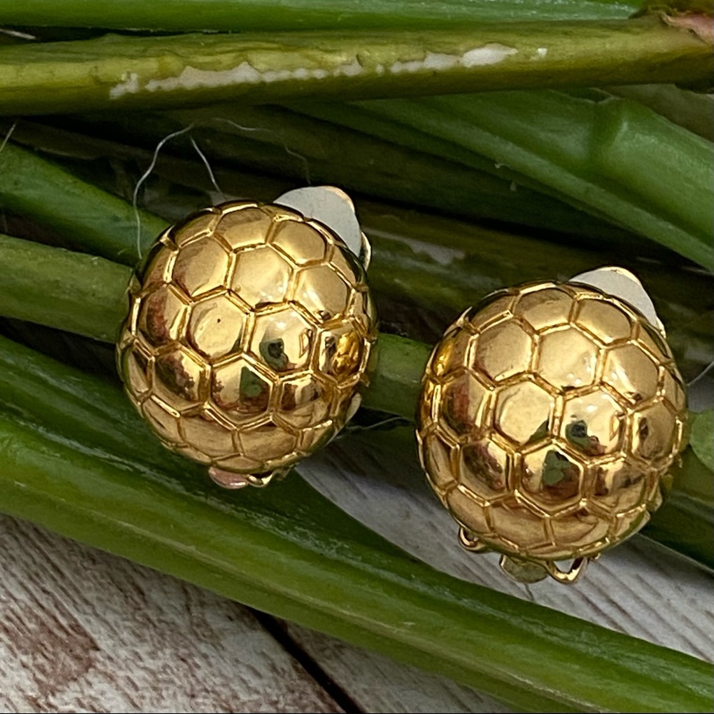 Vintage Gold tone Soccer Ball Honeycomb Clip On Earrings